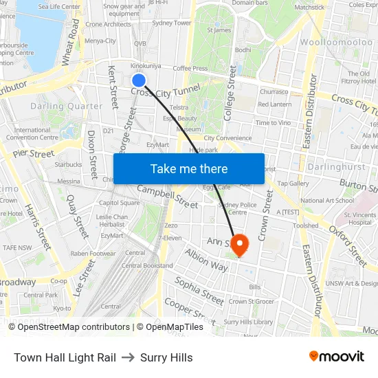 Town Hall Light Rail to Surry Hills map