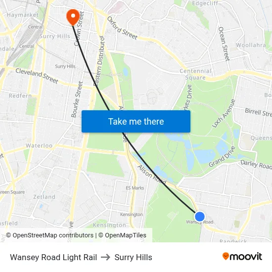 Wansey Road Light Rail to Surry Hills map