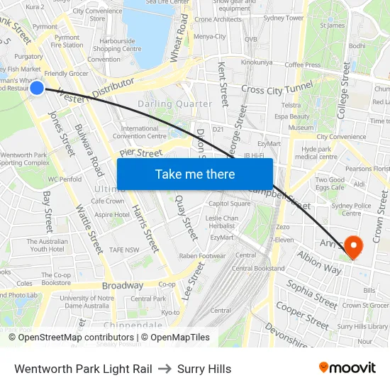 Wentworth Park Light Rail to Surry Hills map