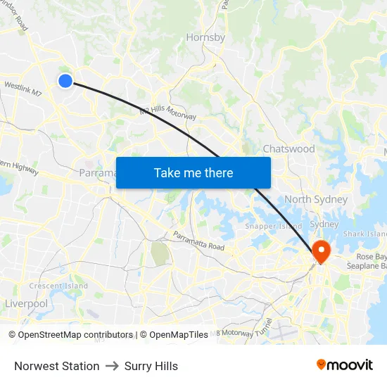 Norwest Station to Surry Hills map