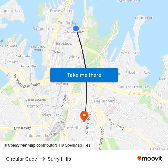 Circular Quay to Surry Hills map