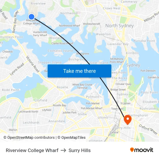 Riverview College Wharf to Surry Hills map