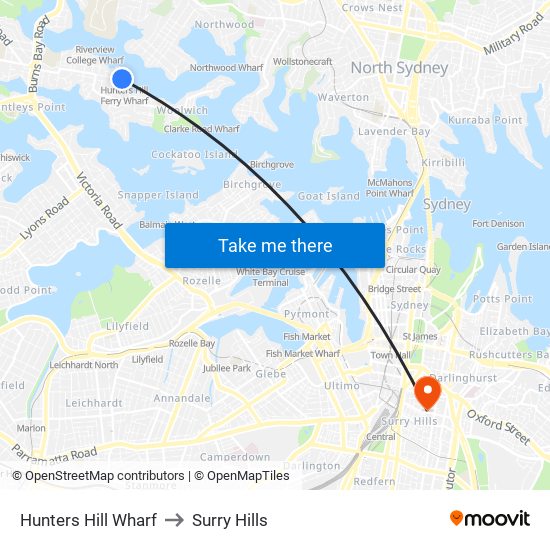 Hunters Hill Wharf to Surry Hills map