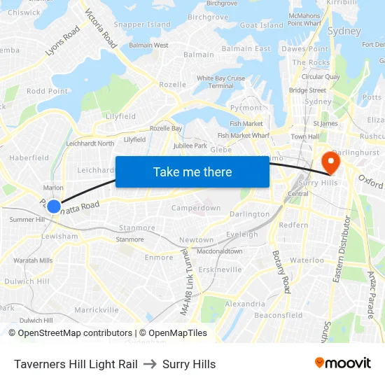 Taverners Hill Light Rail to Surry Hills map