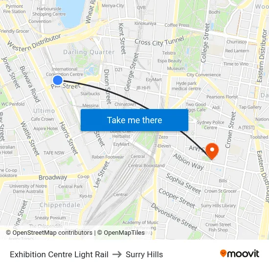 Exhibition Centre Light Rail to Surry Hills map