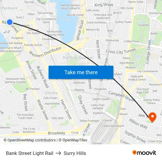 Bank Street Light Rail to Surry Hills map