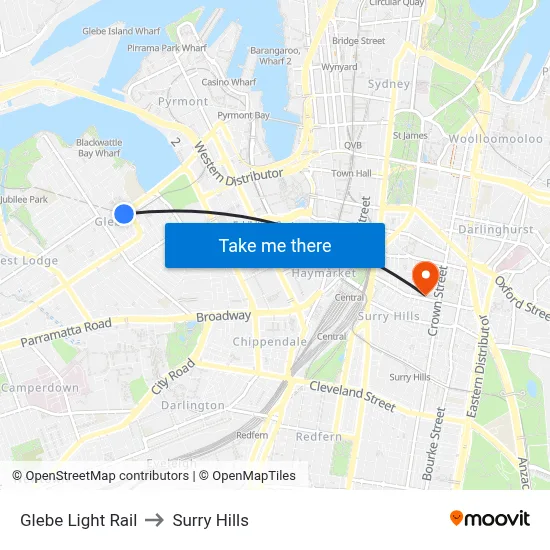 Glebe Light Rail to Surry Hills map