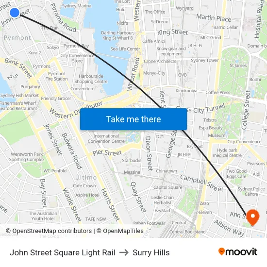 John Street Square Light Rail to Surry Hills map