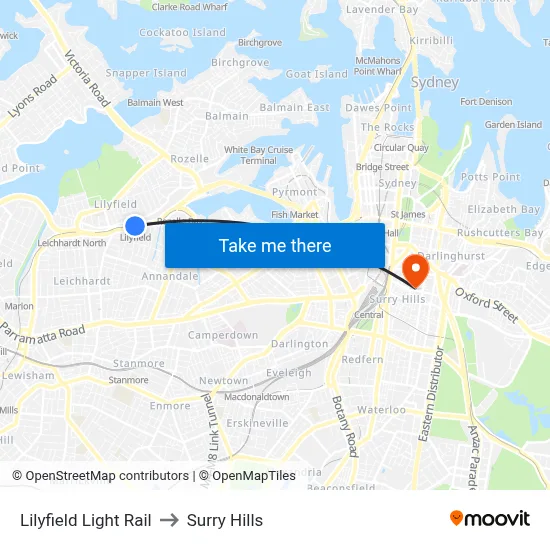 Lilyfield Light Rail to Surry Hills map