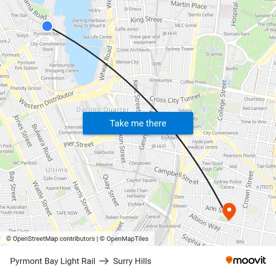 Pyrmont Bay Light Rail to Surry Hills map