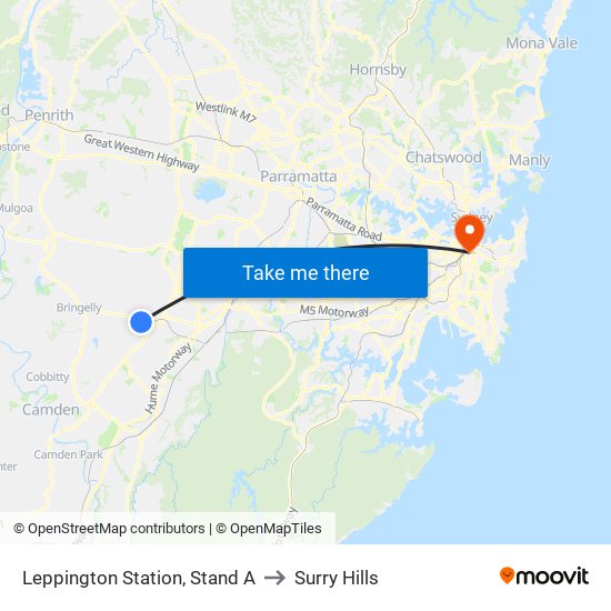 Leppington Station, Stand A to Surry Hills map