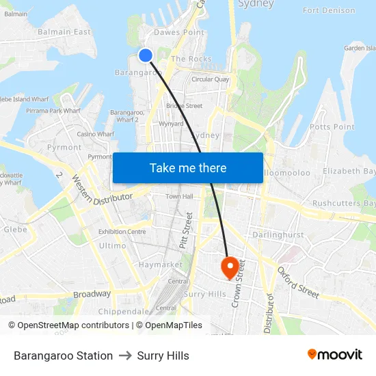 Barangaroo Station to Surry Hills map