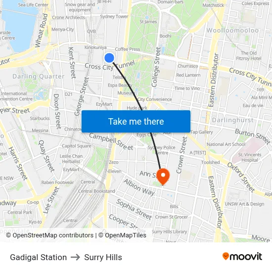 Gadigal Station to Surry Hills map