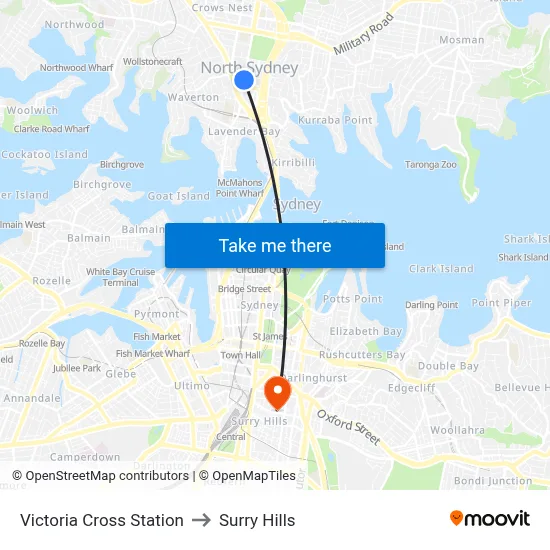 Victoria Cross Station to Surry Hills map