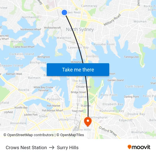 Crows Nest Station to Surry Hills map