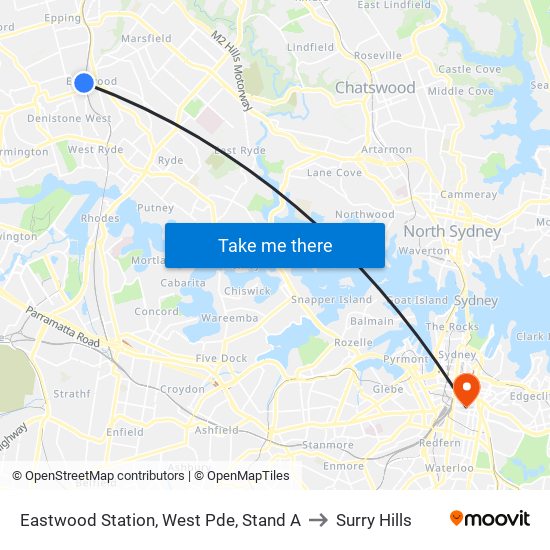 Eastwood Station, West Pde, Stand A to Surry Hills map