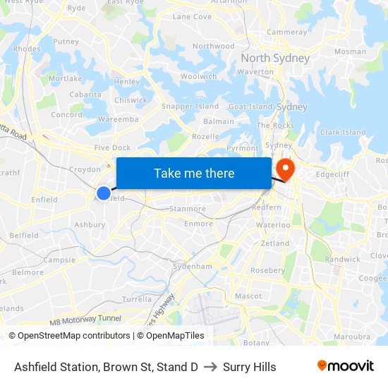 Ashfield Station, Brown St, Stand D to Surry Hills map