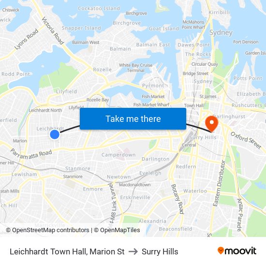 Leichhardt Town Hall, Marion St to Surry Hills map