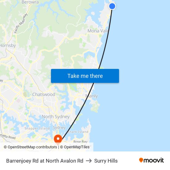 Barrenjoey Rd at North Avalon Rd to Surry Hills map