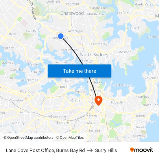 Lane Cove Post Office, Burns Bay Rd to Surry Hills map