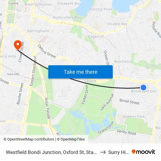 Westfield Bondi Junction, Oxford St, Stand A to Surry Hills map