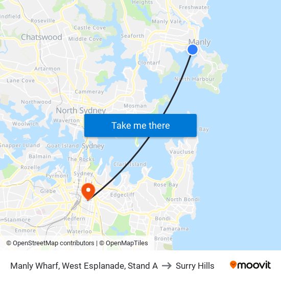Manly Wharf, West Esplanade, Stand A to Surry Hills map