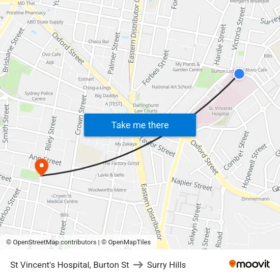 St Vincent's Hospital, Burton St to Surry Hills map