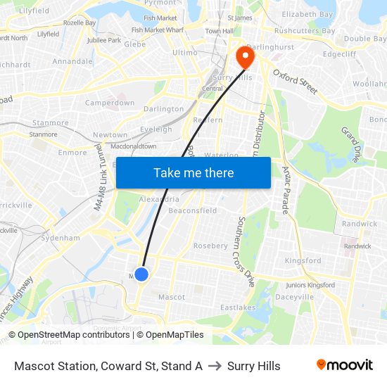 Mascot Station, Coward St, Stand A to Surry Hills map