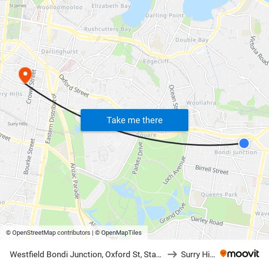 Westfield Bondi Junction, Oxford St, Stand B to Surry Hills map