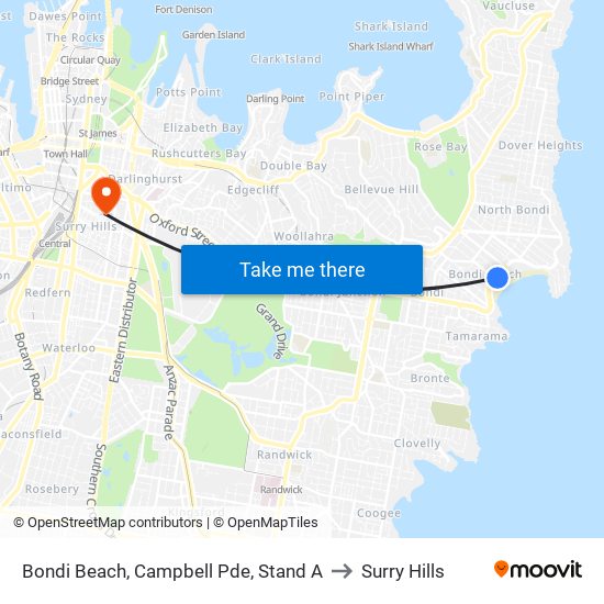 Bondi Beach, Campbell Pde, Stand A to Surry Hills map