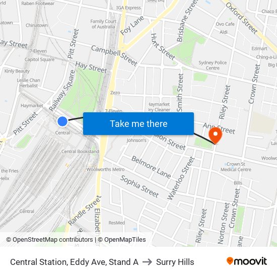 Central Station, Eddy Ave, Stand A to Surry Hills map