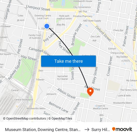 Museum Station, Downing Centre, Stand A to Surry Hills map