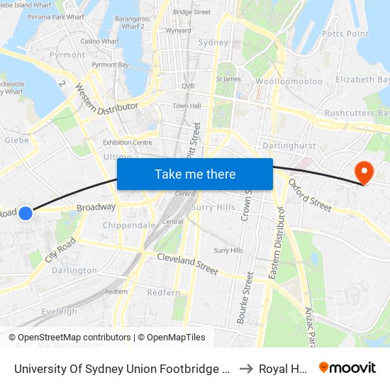University Of Sydney Union Footbridge Station to Royal Hotel map
