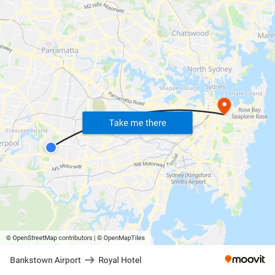 Bankstown Airport to Royal Hotel map