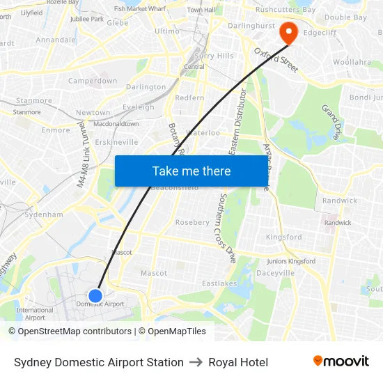 Sydney Domestic Airport Station to Royal Hotel map