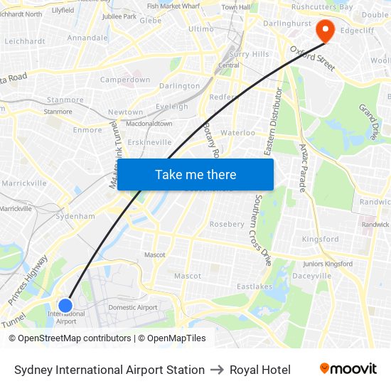 Sydney International Airport Station to Royal Hotel map