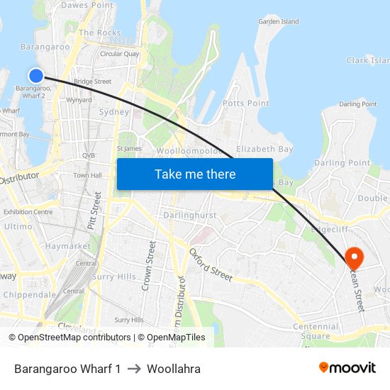 Barangaroo Wharf 1 to Woollahra map