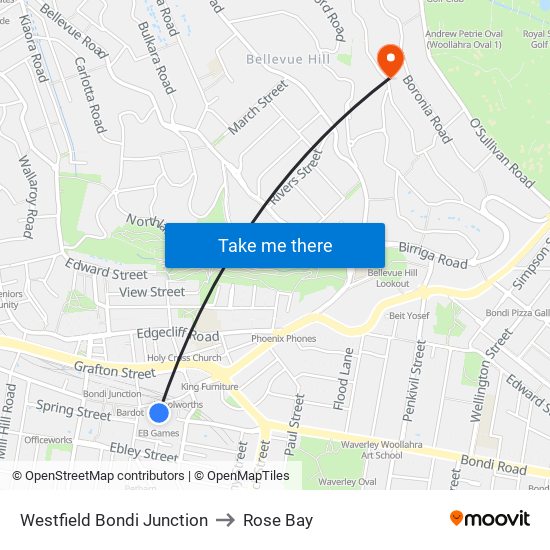 Westfield Bondi Junction to Rose Bay map