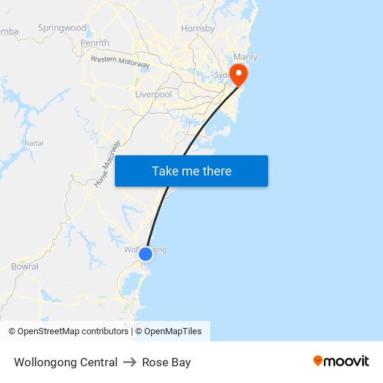 Wollongong Central to Rose Bay map