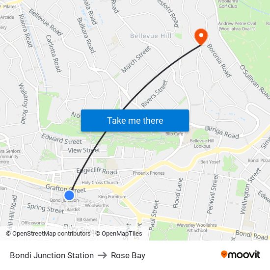 Bondi Junction Station to Rose Bay map