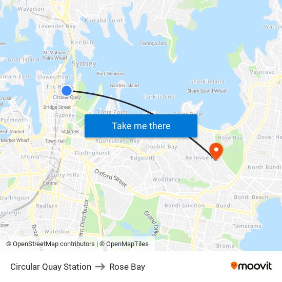 Circular Quay Station to Rose Bay map