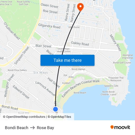 Bondi Beach to Rose Bay map