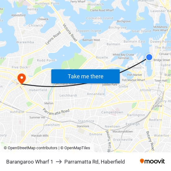 Barangaroo Wharf 1 to Parramatta Rd, Haberfield map