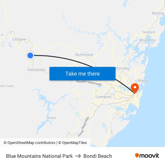 Blue Mountains National Park to Bondi Beach map