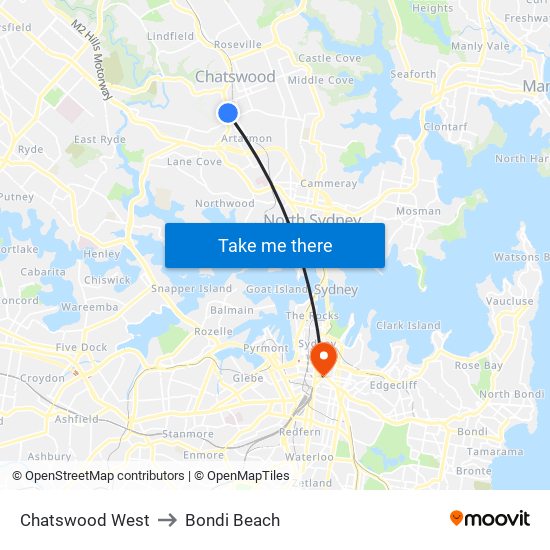 Chatswood West to Bondi Beach map
