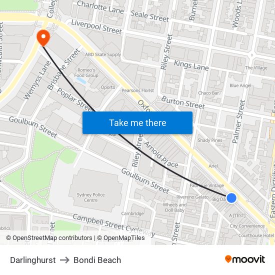 Darlinghurst to Bondi Beach map