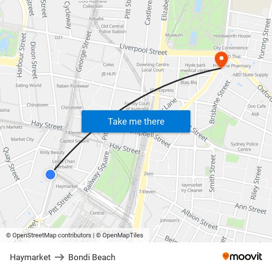 Haymarket to Bondi Beach map