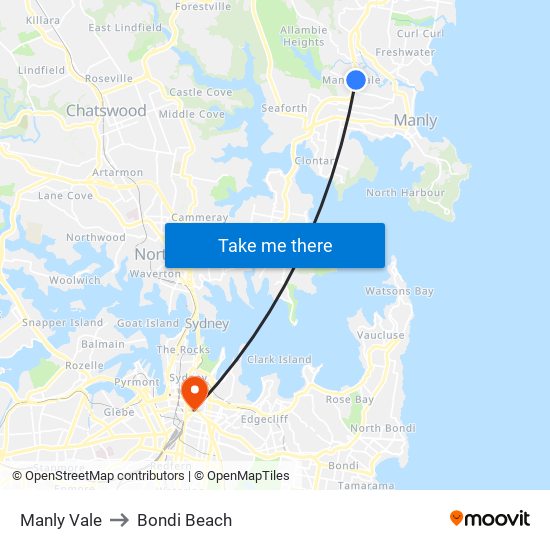 Manly Vale to Bondi Beach map