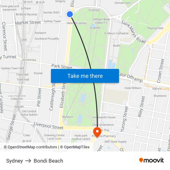 Sydney to Bondi Beach map