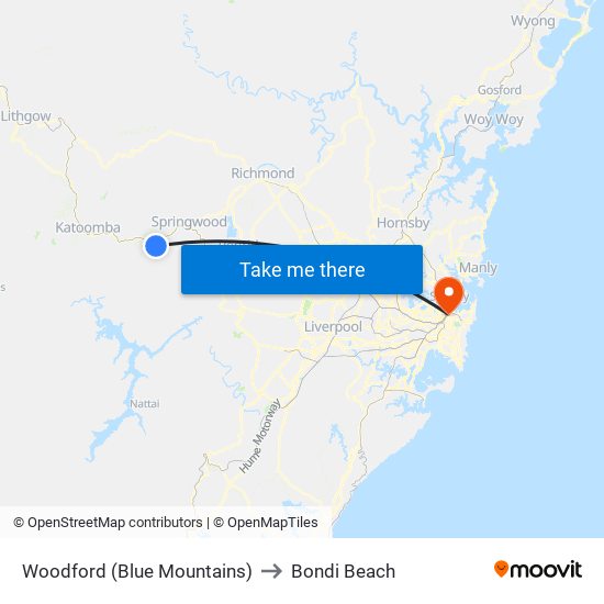 Woodford (Blue Mountains) to Bondi Beach map